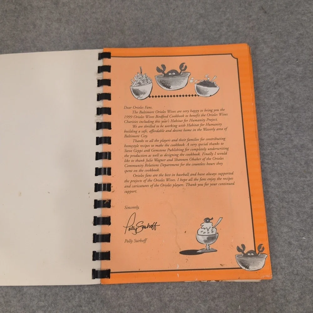 1999 Baltimore Orioles Bird Feed Cookbook Recipes Orioles Wives Gemstone VG-
